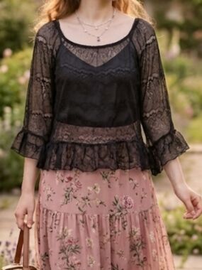 Miss Chievous Y2K Black Lace Peplum Top with Sheer Sleeves